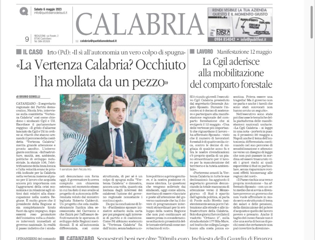 La Vertenza Calabria? Occhiuto l'ha mollata da un pezzo - Quotidiano del Sud del 6 maggio 2023